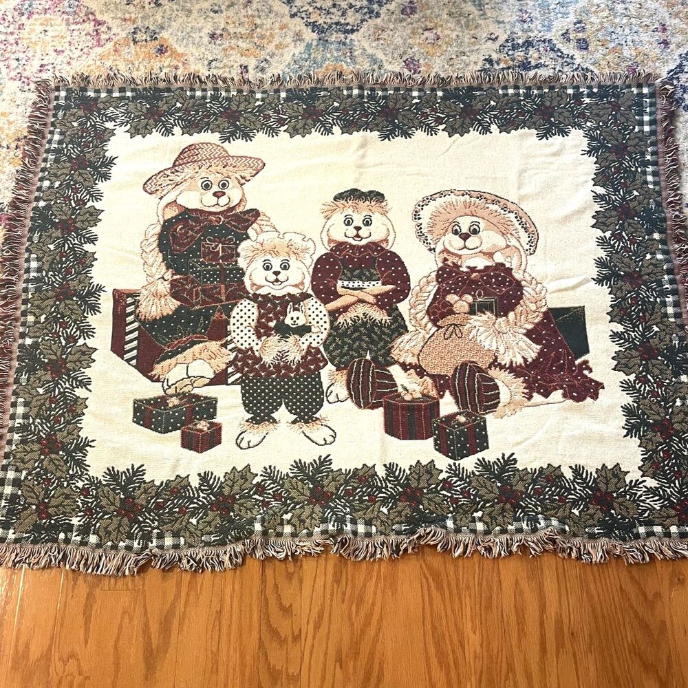VTG Christmas Tapestry Novelty Blanket Bunny Rabbits Fringe 100% Cotton Goodwin
